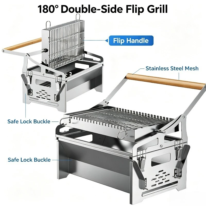 Electric Flip Rotating Mesh Charcoal BBQ Grill Easy Flip Roasting Cooking Machine For Household Backyard Outdoor  Party Use