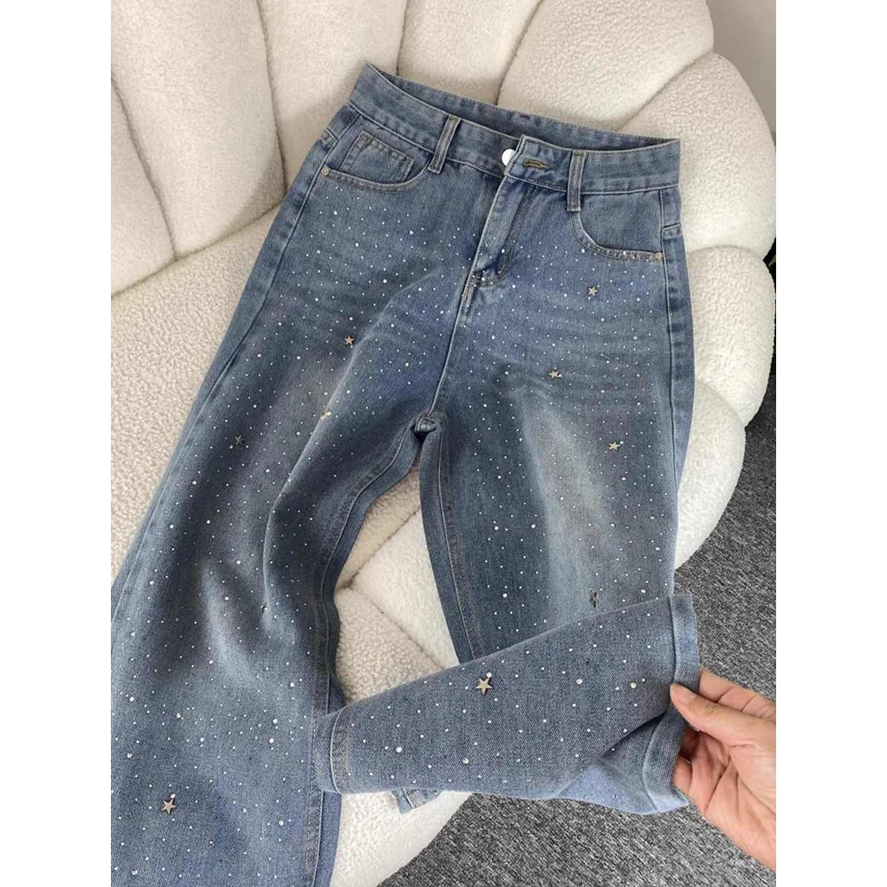 Pantalones vaqueros brillantes con diamantes ostentosos para primavera y otoño, vaqueros de pierna ancha rectos de cintura alta para mujer, pantalones vaqueros azules sueltos con remaches brillantes ﻿