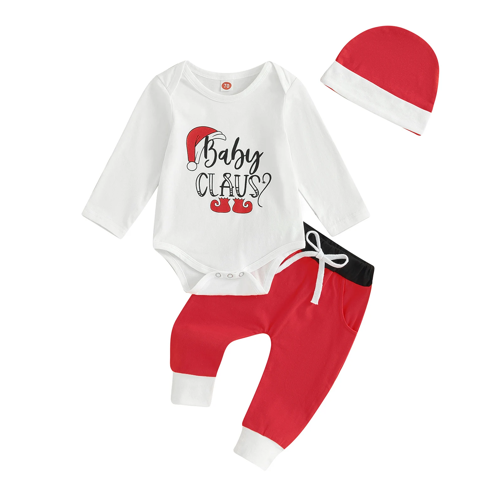 

Baby Boys 3PCS Pants Sets Long Sleeve Letter Santa Hat Print Romper Drawstring Pants Hat Sets