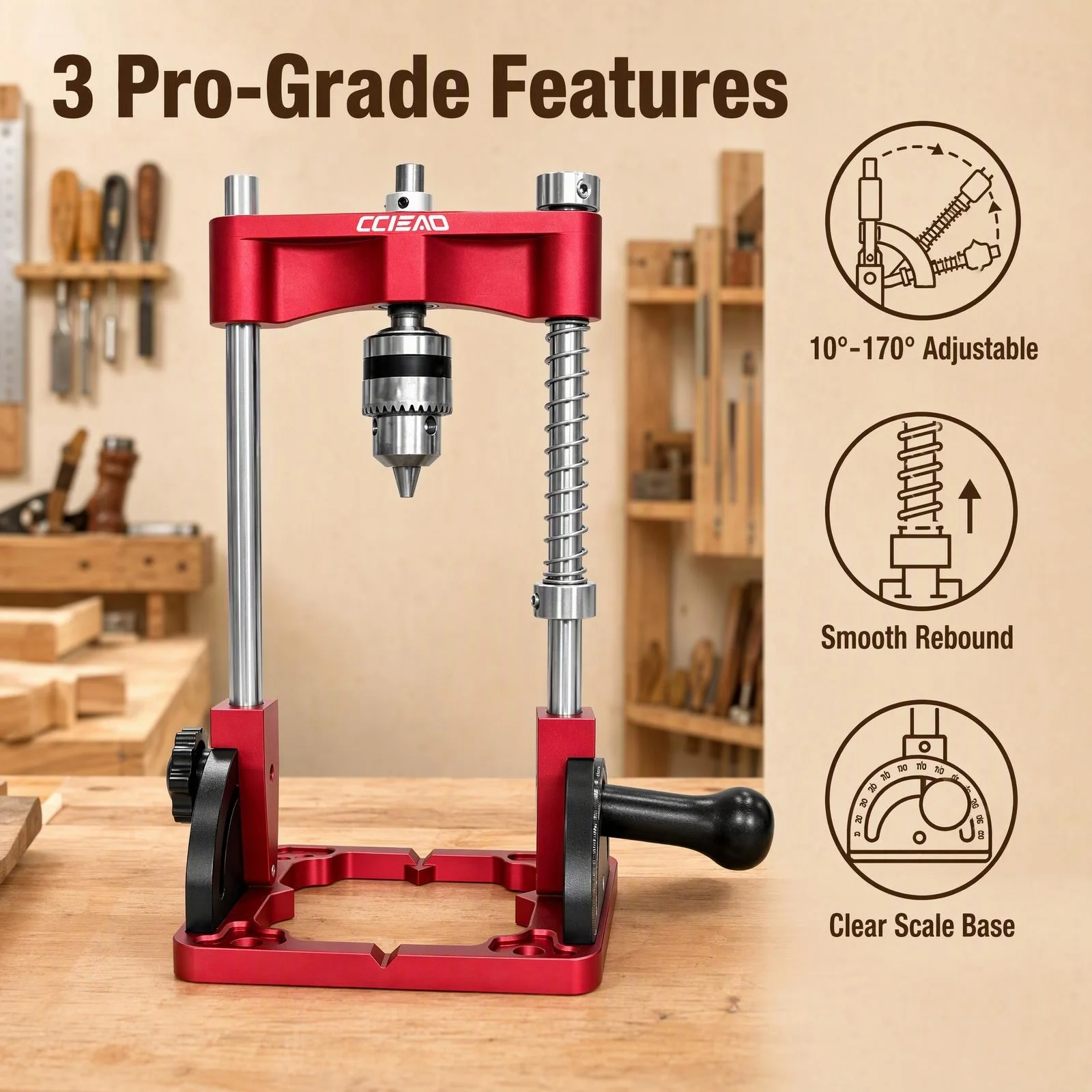 Woodworking Drill Guide Portable 10°-170° Adjustable Angle Precision Drilling Locator Aluminum Alloy Hand Drill Press Stand