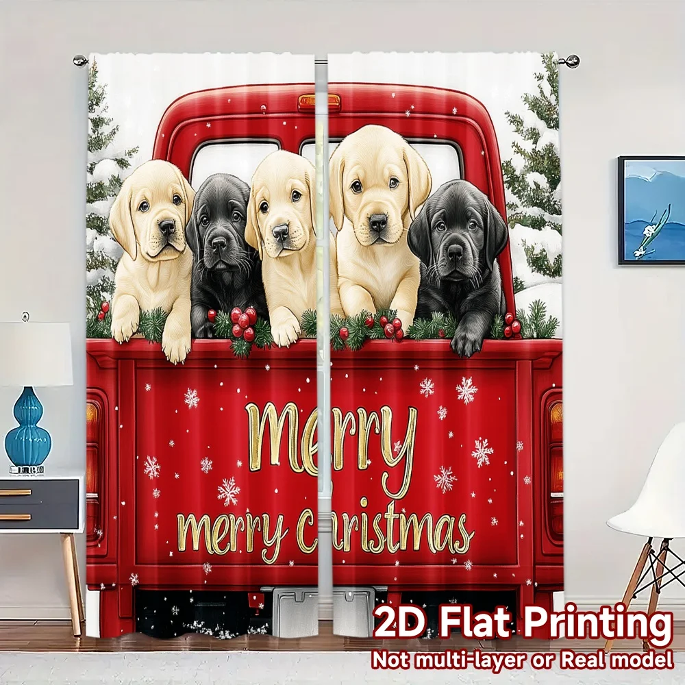 2pcs,Curtains Cute Lab Puppies Christmas Truck Chic Light Filtering Curtains Versatile Polyester Fabric Curtains Outdoor