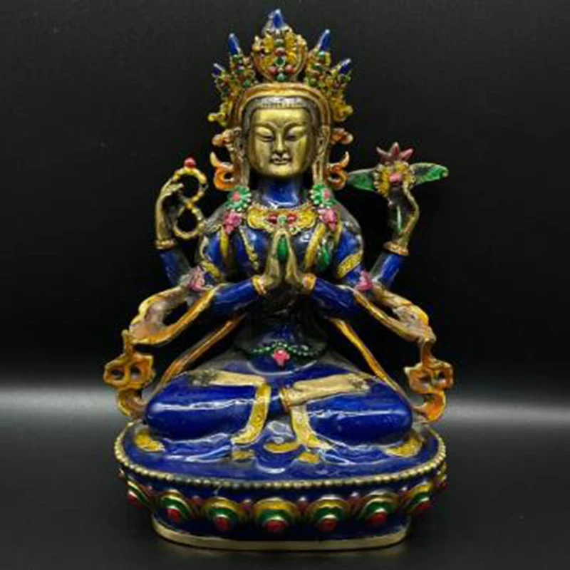 20cm Exquisite Pure copper Cloisonne carved Four arm guanyin kwan yin statue