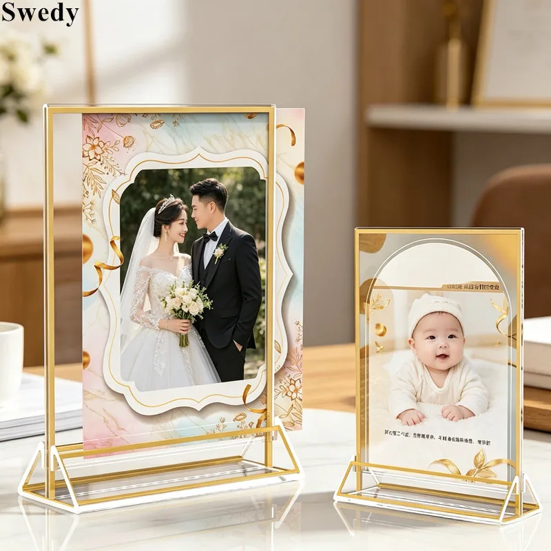 5 Pieces 130x180mm Acrylic Tabletop Sign Holder With Golden Edge Wedding Picture Photo Poster Frame Menu Holder Price Card Stand