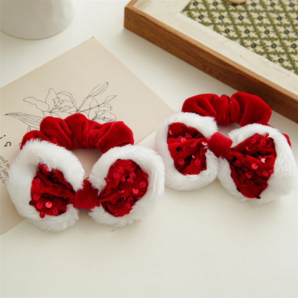 Bow Red Plush Scrunchies Sequin Christmas Style Hair Rope Ponytail Holder Hair Tie Xmas DIY Hair Bow Large Intestine Hair Ring