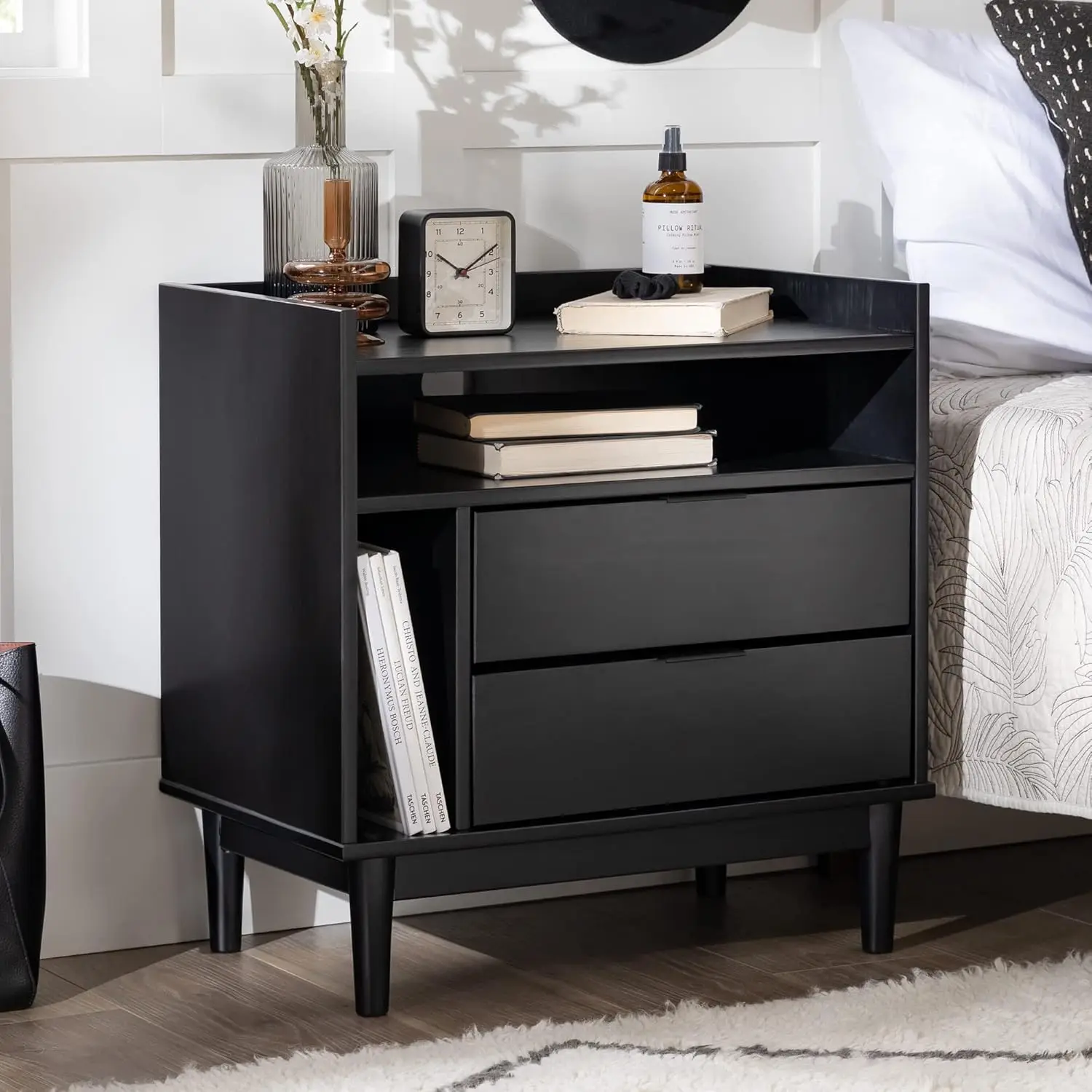 Blythe Mid- Modern Tray-Top Storage Nightstand, 25 Inch, Black