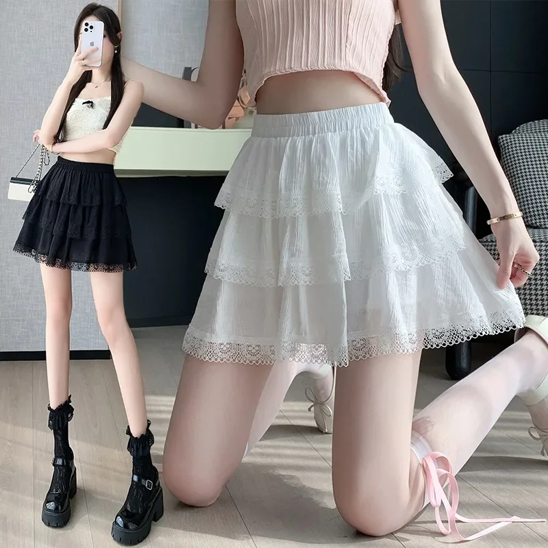 

Sweet Fashion Lace Patchwork Cake Puffy Skirt Women Shirring Print Solid Slim College Spicy Girl Summer Gentle Temperament Wear