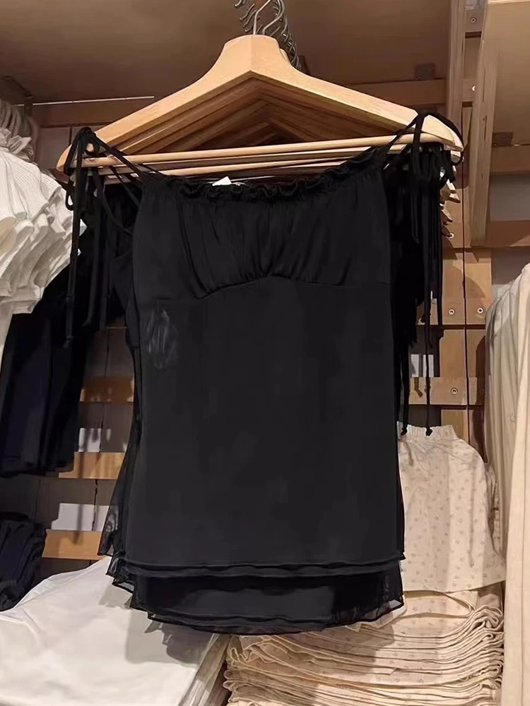 Vintage Lace-up Folds Mesh Tank Tops Women Summer White Sexy Sleeveless Slim Camisole Vests Summer Solid Sweet Crop Top Y2k