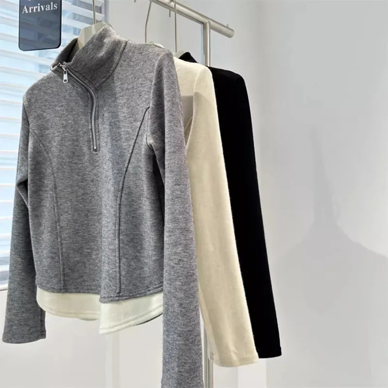sweats fleece feminino Mock Neck Half-Zip Layered Long Sleeve T-Shirt for Women Fall Winter Thermal Slim Fit Base Layer Top