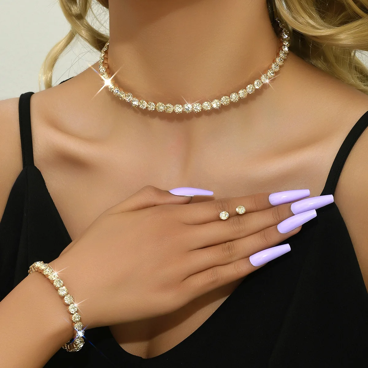 TREAZY Classic Crystal Rhinestone Bridal Jewelry Sets Short Choker Necklace Earrings Bracelet Set for Women Wedding Accessories