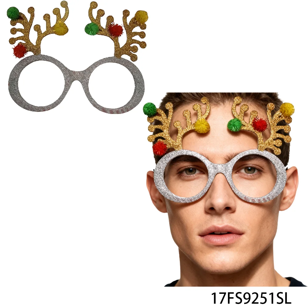 PESENAR Glittery Reindeer Antlers Christmas Glasses with Green and Red Dots - Festive Holiday Party Accessory