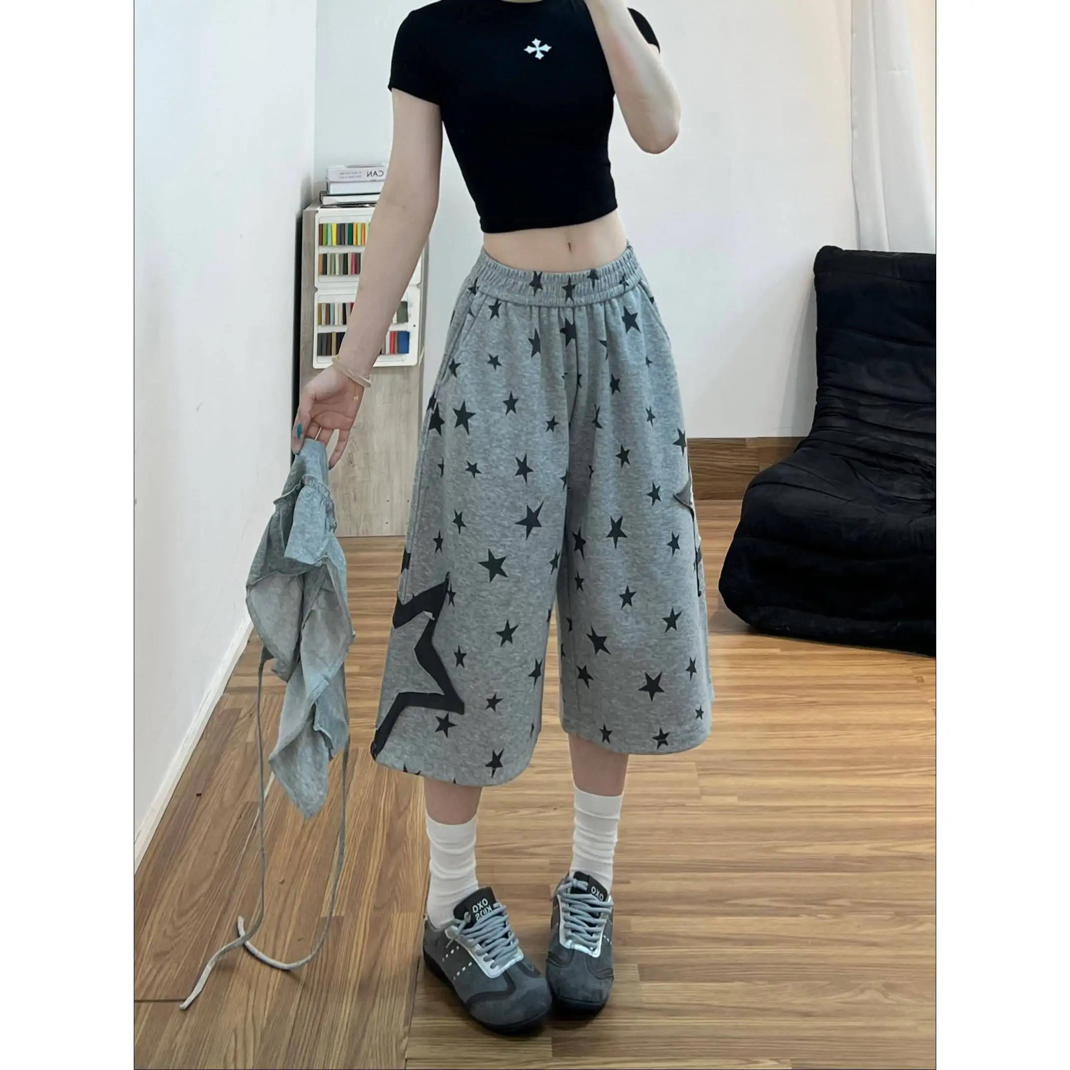 Women Y2K Star Print Baggy Capri Pants Set Ruffle Layered Overskirt Gothic Punk Japanese Harajuku Streetwear 2 Piece Outfit