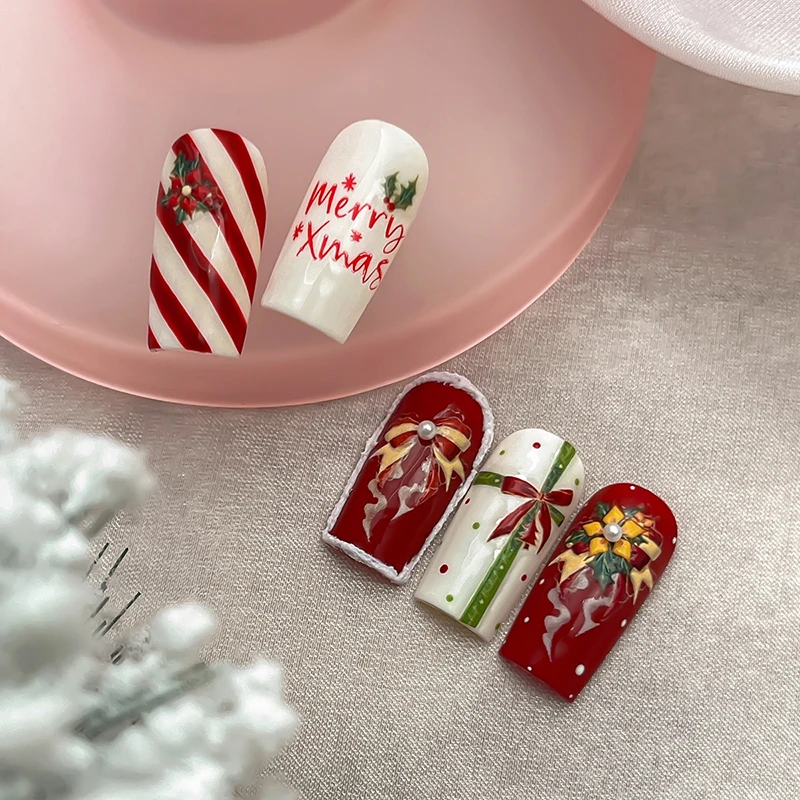 1 Arkusz Naklejek na Paznokcie z Motywem Świątecznym Kokardki, Naklejki Kawaii do Zdobienia Paznokci, Akcesoria DIY na Nowy Rok, Naklejki do Manicure