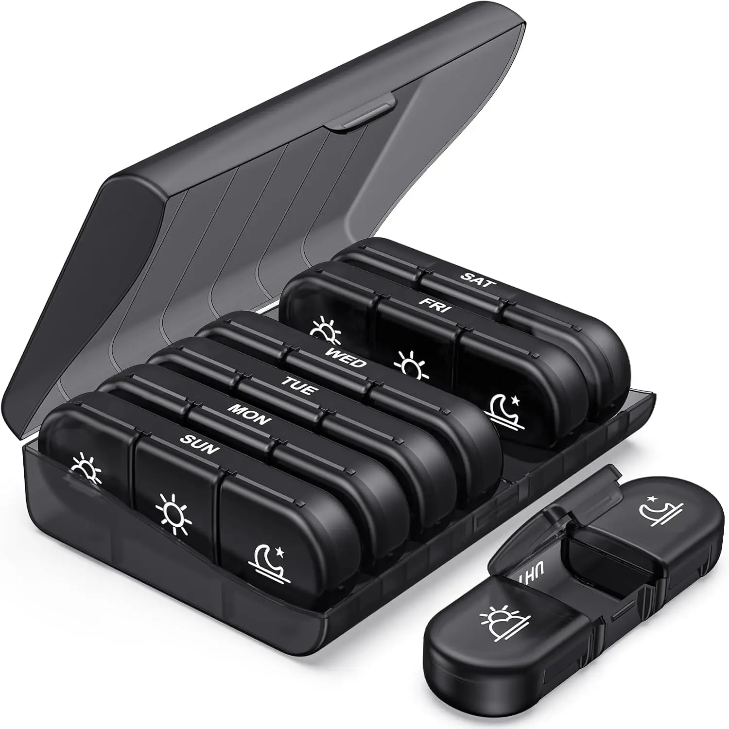 Weekly Pill Organizer 3 Times a Day, Travel Pill Box 7 Day with Large Containers, Light-Proof Case for Vitamins, Medication, Fish Oils (Black)