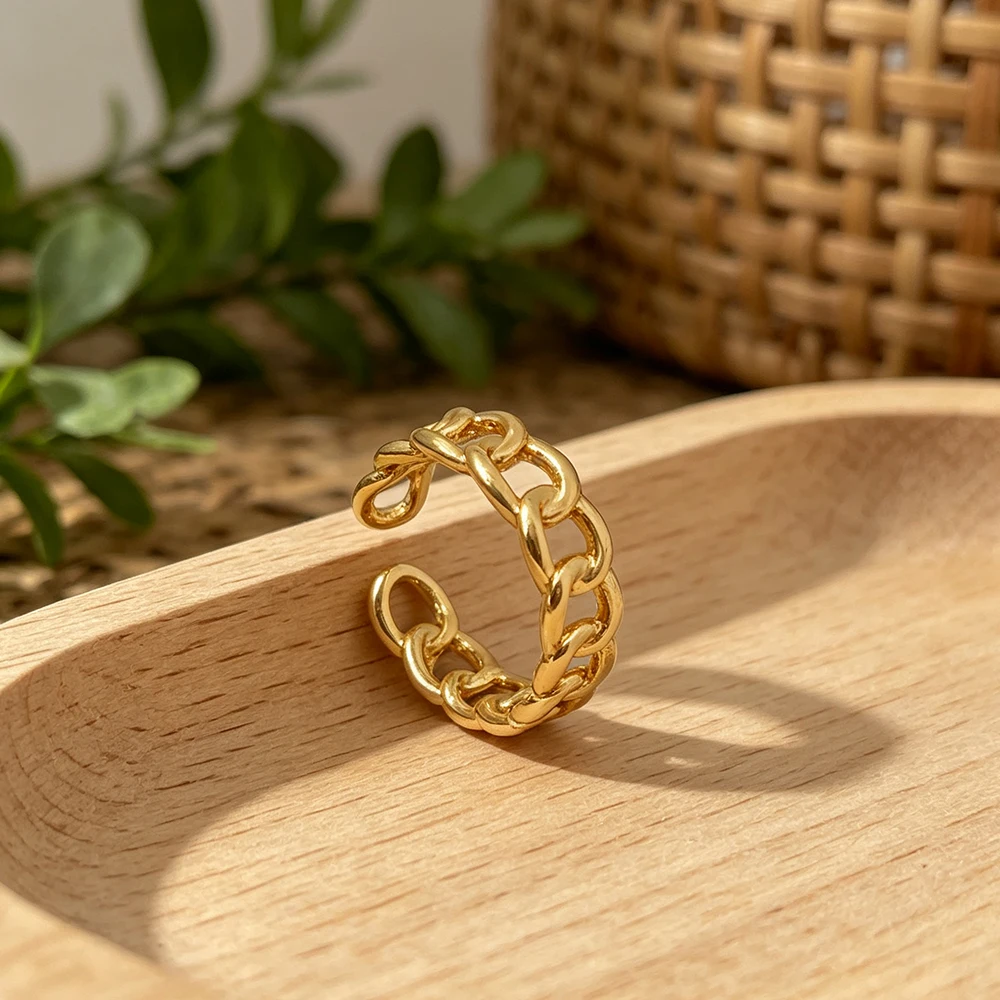 Thick Chain Open Ring, Gold-Colored Cuban Chain Texture Adjustable Ring, Versatile Daily Accessory for Men and Women
