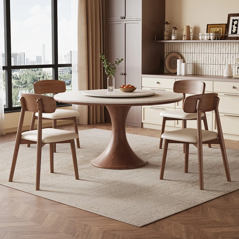 

Solid wood slate dining table round table home small apartment dining room round with turntable ash