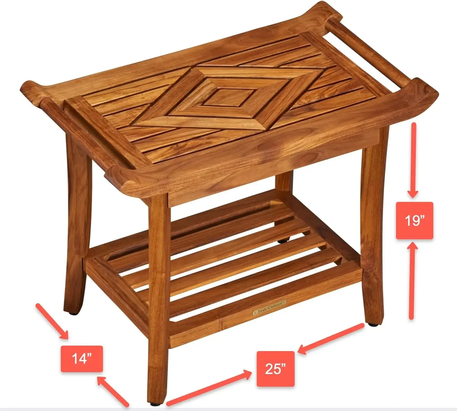 Teak Shower Bench Stool Seat Chair with Leveling Feet, Waterproof, Teak Oil Finish, Large, 25x19x14, for Bathroom, Spa, Sauna