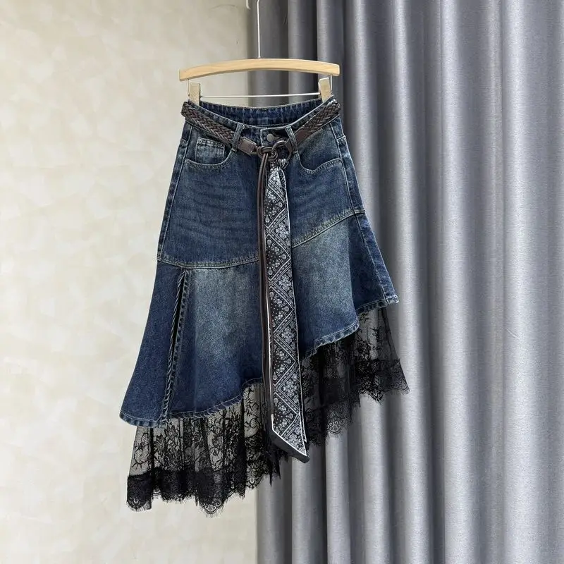 

Design sense niche Patchwork Lace Denim Skirt For women 2026 Spring autumn New Irregular Temperament Fashion Mid length Skirts