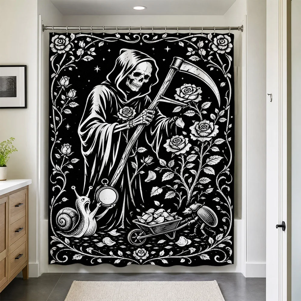 Waterproof Gothic Skeleton Rose Print Shower Curtain Halloween Horror Bathroom Decor Art Black Pattern XL Home Accent Curtain