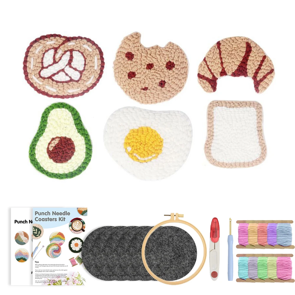 6PCS Punch Needle Coasters Kit for Beginner Wool Poke Magic Needle Embroidery Set Making Tufted Mug Rug Coaster Holder Art Craft