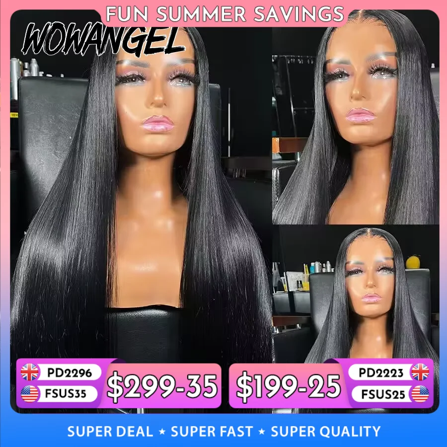 Wow Angel-Perruque sans colle noire de jais pour femme, fermeture à lacet HD, perruques de cheveux humains, pré-plumées, droites, prêtes à l'emploi, 5x5, 36 po