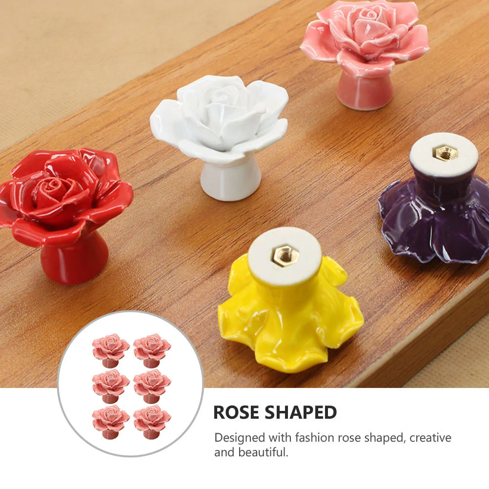 

6Pcs Ceramic Rose Shape Cabinet Door Knobs Decorative Drawer Pull Handles for Cupboard Wardrobe Furniture Door Pull Handle