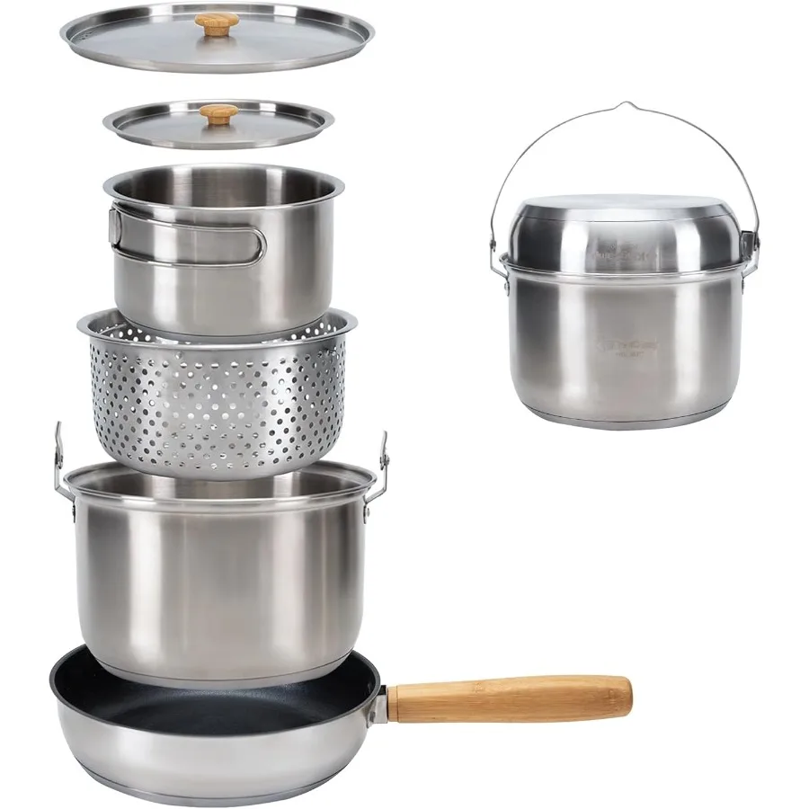 

KingCamp Camping Cookware Set 304 Stainless Steel Campfire Cooking Pots Pan and Kettle with Travel Tote Bag for Camping Outdoor