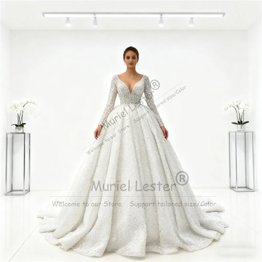 

Блестящие свадебные платья с v-образным вырезом и блестками для невесты, с открытой спиной и длинными рукавами, трапециевидные свадебные платья принцессы, женская одежда по индивидуальному заказу