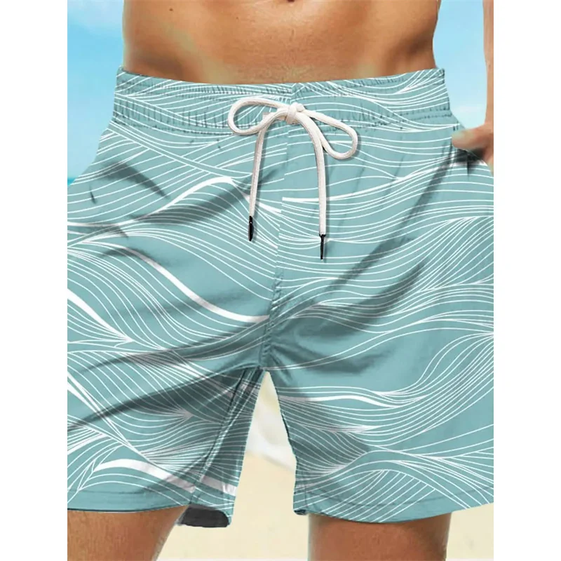 

Curved Stripe Graphic Swim Trunks For Men Fashion 3D Print Short Pants Summer Holiday Hawaiian Drawstring Quick Dry Board Shorts