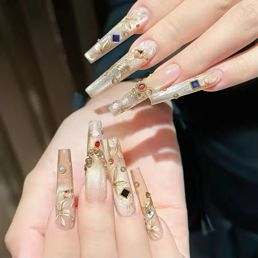 12 Grids Nail Art Decoration Mixed Shape 3D Nail Charms Punk Metal With Gem Rhinestones Flat Bottom Gold Crystal Decoration Set
