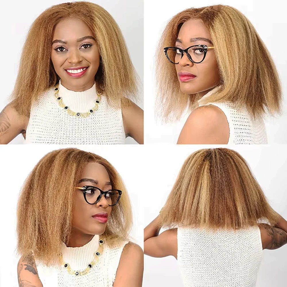 Kinky reta ombre destaque curto bob perucas 13x4 hd frente do laço perucas de cabelo humano feminino # P4/27 perucas frontais sem cola marrom Yaki