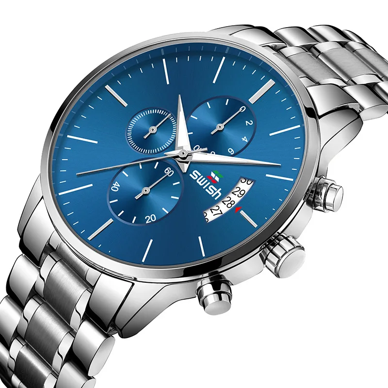 SWISH Men Wristwatch Blue Dial Sport Quartz Clock Men's Watch Calendar Chronograph Hand Multifunction Dial Luminous Hand