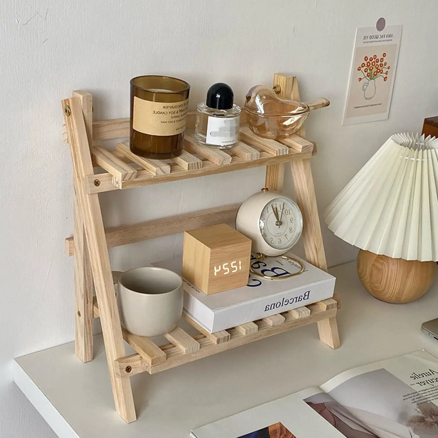 Soporte para plantas de 2 niveles, mesa de bambú para interiores, macetas de bambú para el alféizar de la ventana.