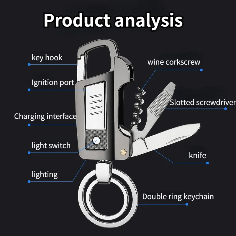 2024 Hot-selling Men\'s Portable Metal Multi-functional Keychain Personalized Creative Cigarette Lighter USB Rechargeable Lighter