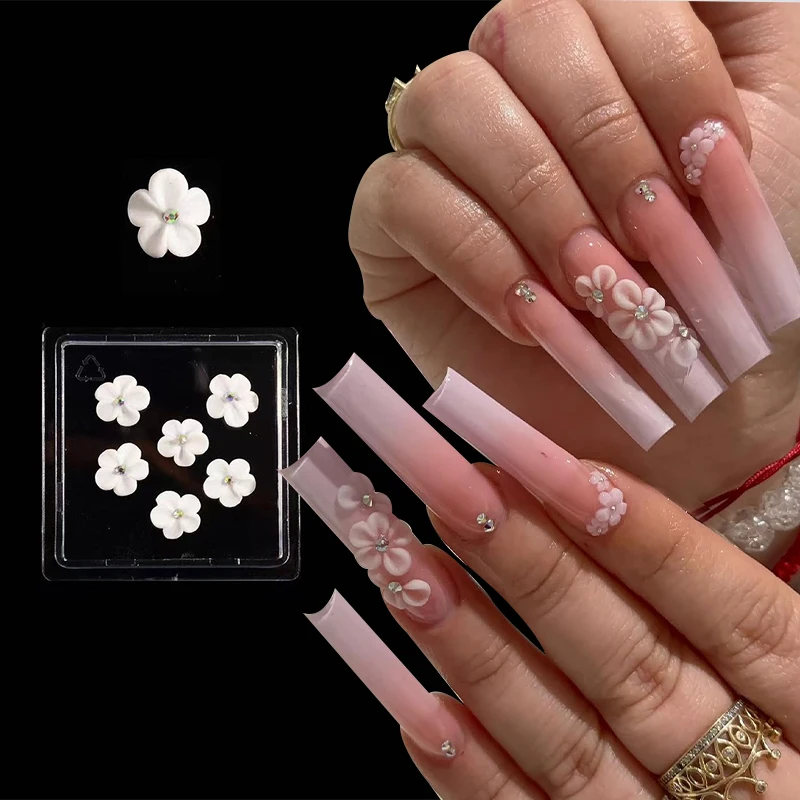 5Pcs 3D Handmade Side Acrylic Flowers With Pearl&Pile Diamond White Carving Floret Aurora Shell White Scale Flowers