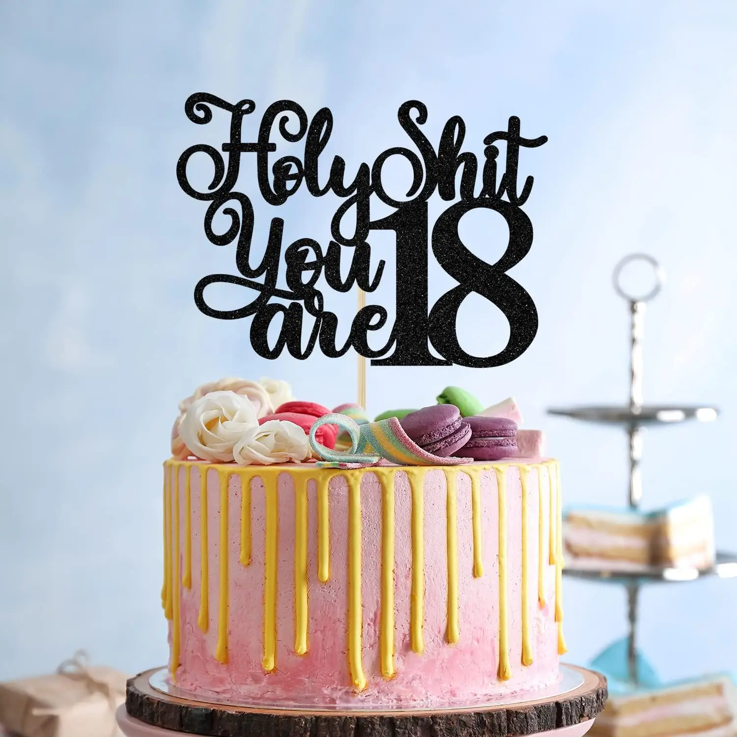 1Pack Happy 18th Birthday Cake Topper,Cheers to 18 Years Cake Decor, Funny 18th Birthday Decorations Supplies Black Glitter