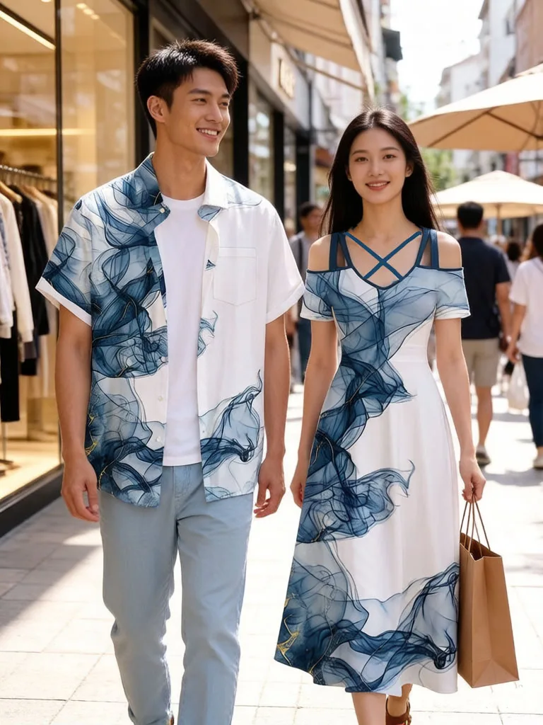 

New 3D Print Matching Hawaii Outfits For Couples, Men Button Pocket Shirt Or Women Cold Shoulder Crisscross A Line Maxi Dresses