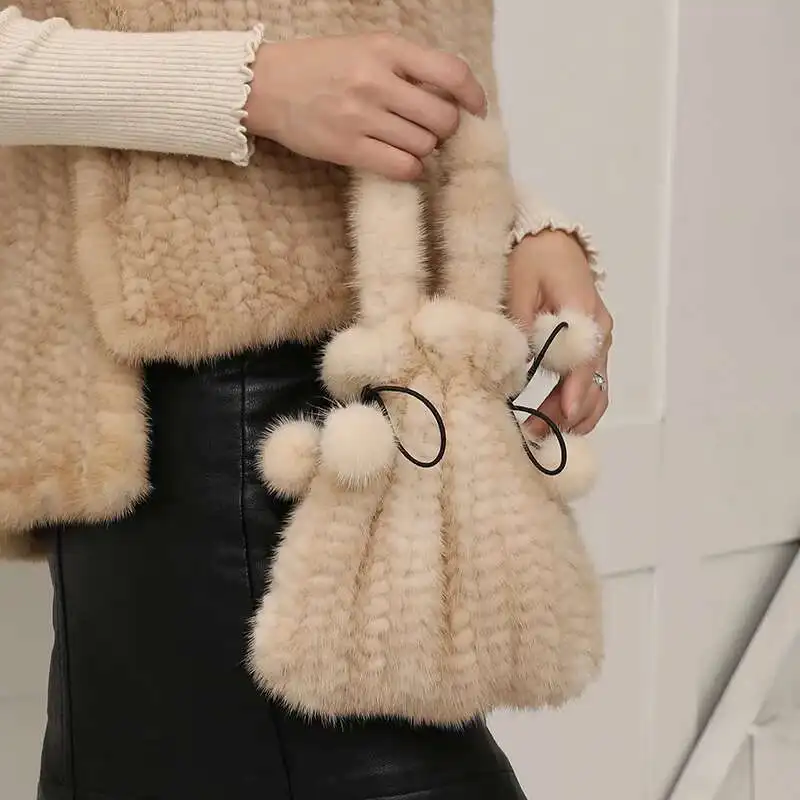 

Mink Fur Bag Women Handheld Small Bag Single Shoulder Bags Natural Soft Messenger Bag Large Clutch Purse Handbag Fluffy Fur Bag