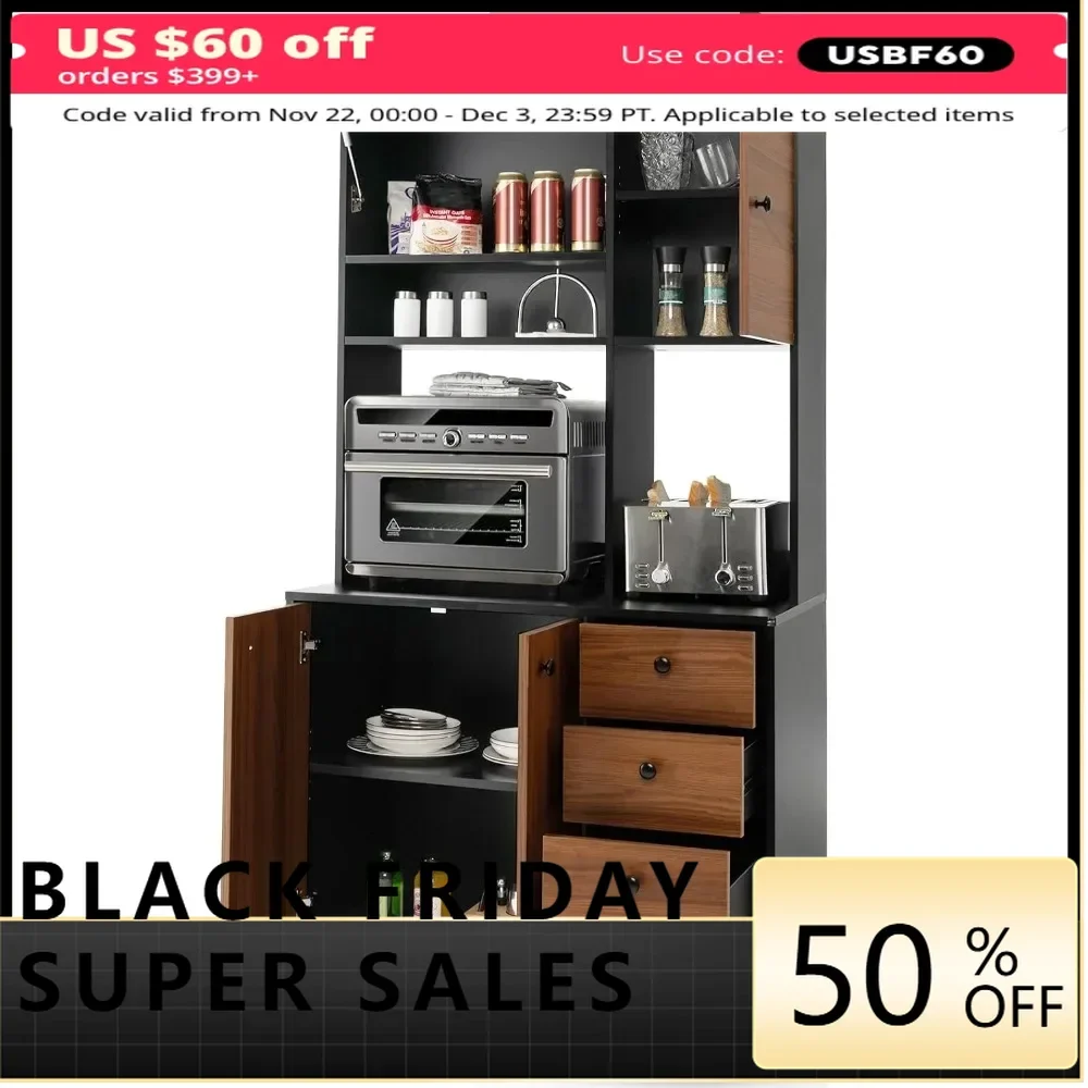 Kitchen self-service storage cabinet, 71 inch independent pantry with 3 cabinets and drawers, adjustable shelves