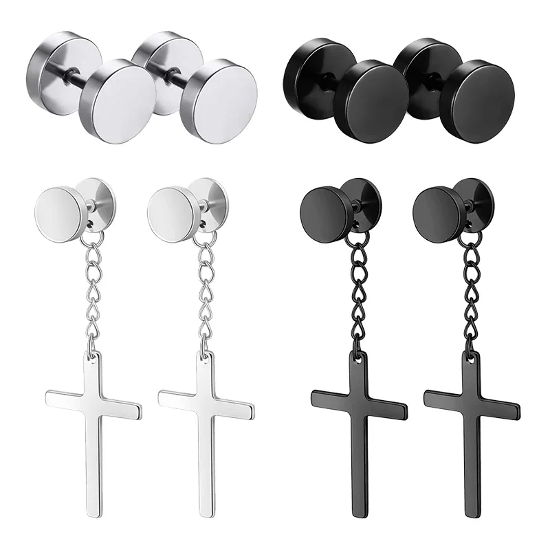 4 Pairs Women Men‘s Stainless Steel Ear Stud Earring Dangle Gothic Cross Stud Earring Men Ear Piercing Huggies Pendant Jewelry