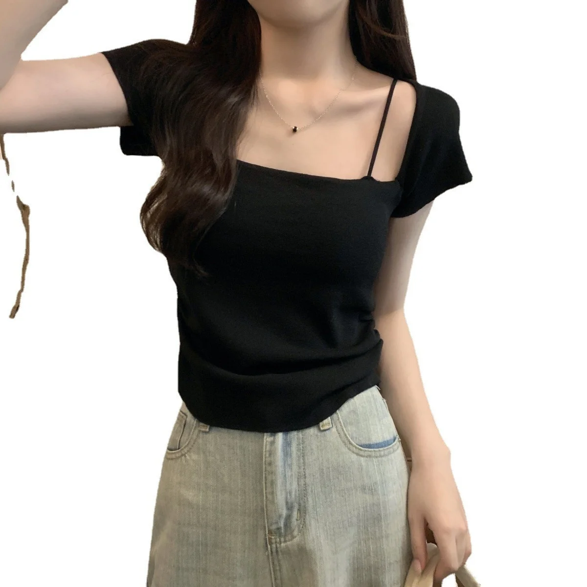 

Slim Fit Korean Sle Knitwear ort Sve Square Collar Design Summer New Arrival for Fem Students Comfortable Polyester...