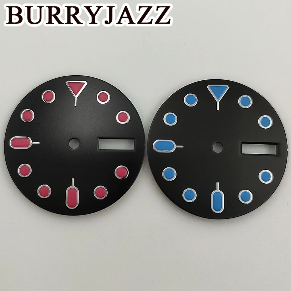 BURRYJAZZ 28.5mm No Logo NH36 Watch Dials Black Dial Green Luminous Fit 3 O'clock 3.8 O'clock Case Crown