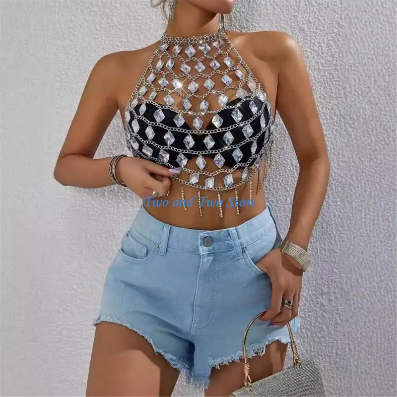 HX6F Women Acrylic Crystal Halter Chest Chain Backless Rhinestones Body Jewelry Top