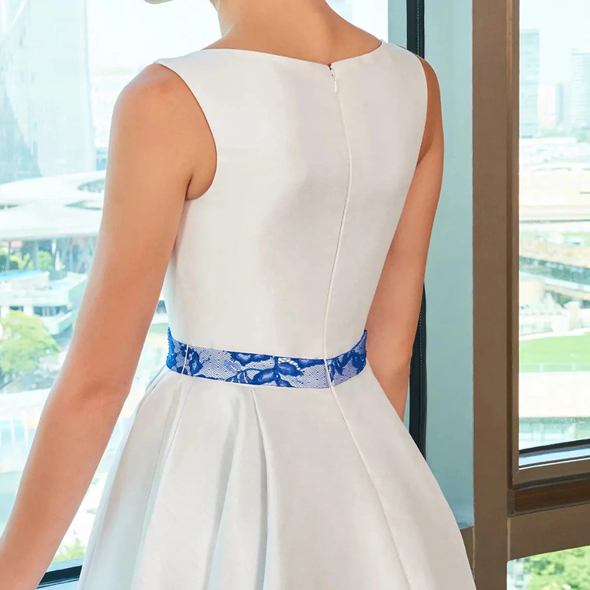 فساتين سهرة من الساتان الأبيض بدون أكمام لحفلات الزفاف، فستان على شكل حرف A، فستان حفلة موسيقية عالي ومنخفض، فساتين مناسبة مخصصة بالزهور باللون الأزرق #4