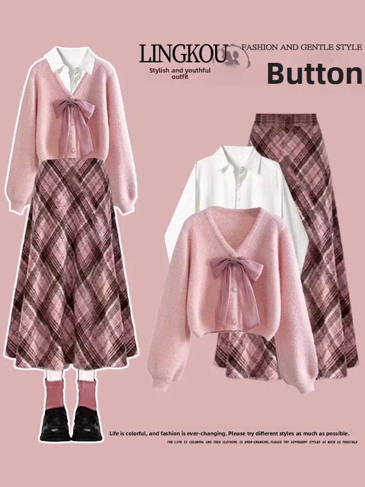 

Elegant Knitted Sweater Set for Women with Knot High Waist Plaid Skirt Bottoming Shirt Autumn Winter Three Pie...