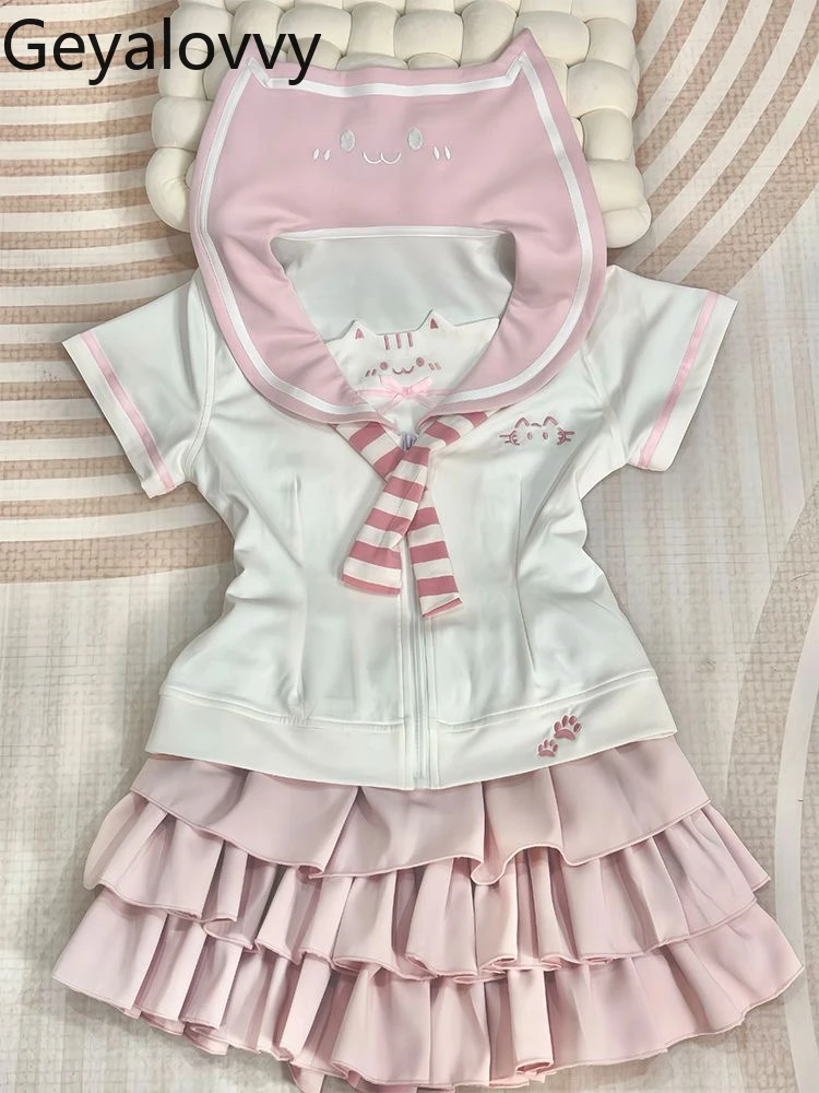 

Pink Navy Neck Short-Sleeve Shirt Zip Slim Fit Top and Sweet Cute Girl Cake Puffy Short Skirt Sailor Uniform Two Piece Set