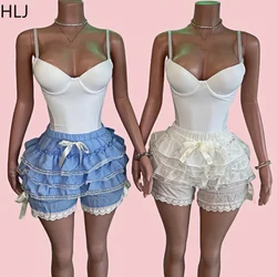 HLJ Fashion Sweet Ruffle Lace Patchwock Shorts 2 Piece Sets Outfits Women Thin Strap Bodysuits And Bow Shorts Y2K Clothing 2024