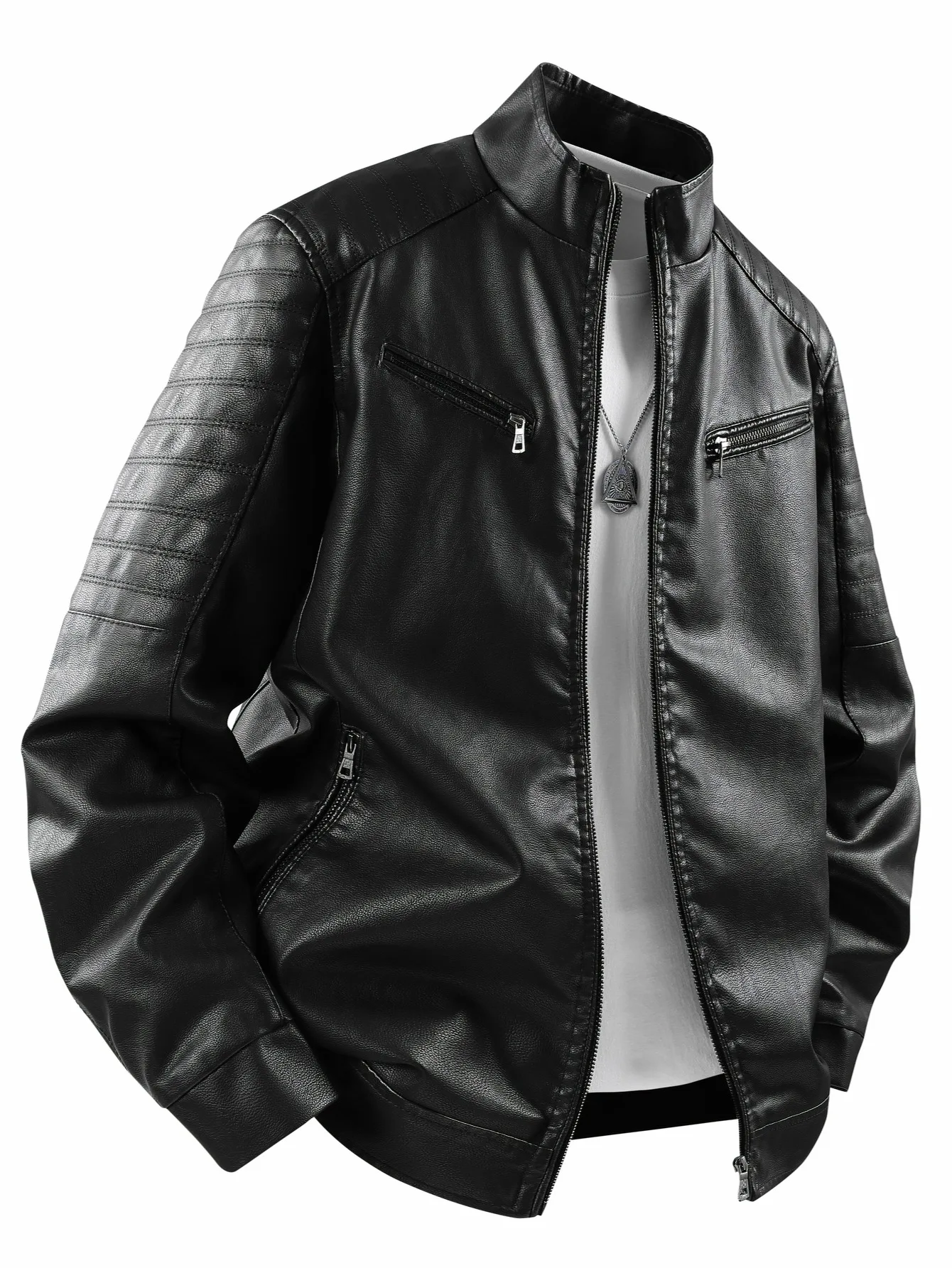 Men's Small Stand-Up Collar Leather Jacket, Wind-Resistant and Cold-Proof, with a Crisp Texture, Suitable for Light Business in the Workplace, Daily Shopping, Weekend Outings, Autumn and Winter Styles, Outdoor Walks, and Short Trips