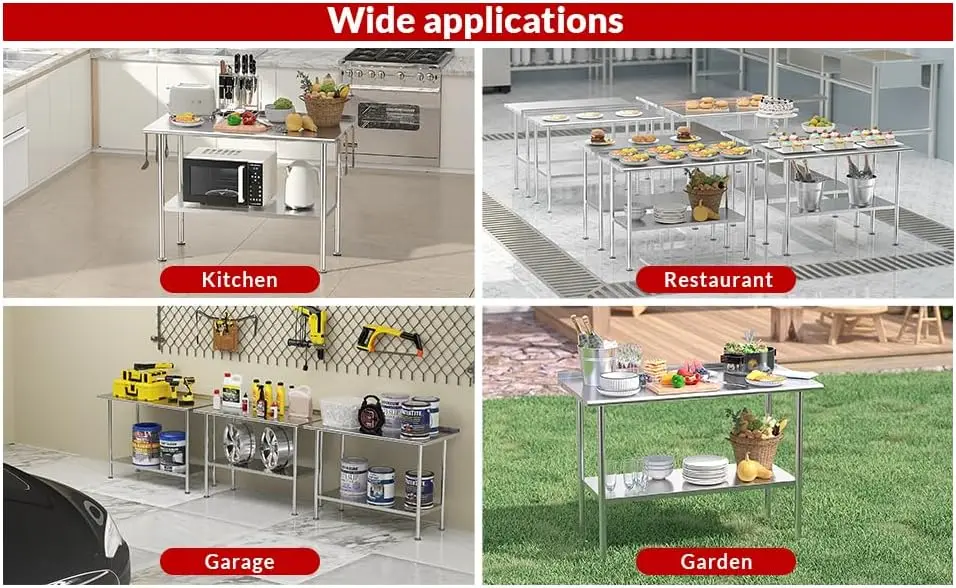 Table de préparation en acier inoxydable pour le travail, 24x48 pouces, capacité de charge élevée avec et pour l'extérieur, restaurants
