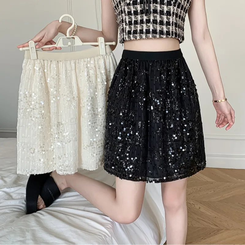 

Silver Sequined Skirts Women Temperament Sweet Cool Girls Slim Elegant Elastic High Waist A-line All-match Fashion Streetwear
