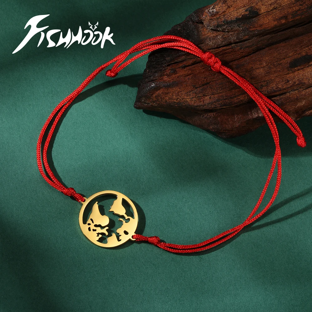 Fishhook Earth Bracelet for Woman Man World Map Black Red Rope Chain Gold Color Stainless Steel Trend Fashion Gift Jewelry